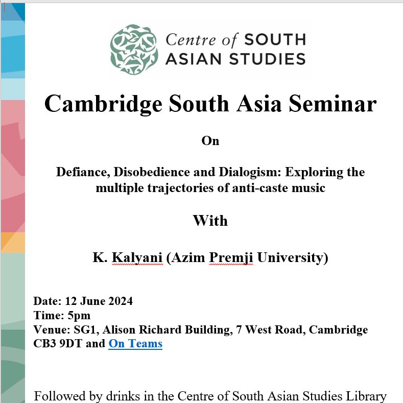 Cambridge South Asia (@csascambridge) on Twitter photo <a href="/CSASCambridge/">Cambridge South Asia</a> is hosting 2 talks this week-
Defiance, Disobedience and Dialogism: Exploring the multiple trajectories of anti-#caste #music, K. Kalyani (Azim Premji Univ) & A Thousand Tiny Cuts: Mobility & #Security Across the #Bangladesh-#India #Borderlands, Sahana Ghosh (NUS). <a href="/CSASCambridge/">Cambridge South Asia</a> is hosting 2 talks this week-
Defiance, Disobedience and Dialogism: Exploring the multiple trajectories of anti-#caste #music, K. Kalyani (Azim Premji Univ) & A Thousand Tiny Cuts: Mobility & #Security Across the #Bangladesh-#India #Borderlands, Sahana Ghosh (NUS).