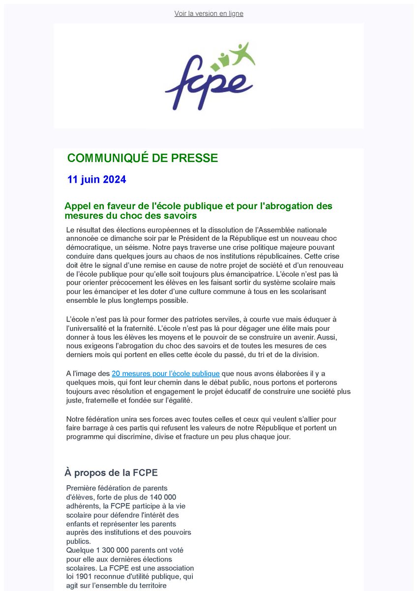 [#Communiqué]. La #FCPE unira ses forces avec toutes celles et ceux qui veulent s’allier pour faire barrage à ces partis qui refusent les valeurs de notre République et portent un programme qui discrimine, divise et fracture un peu plus chaque jour.