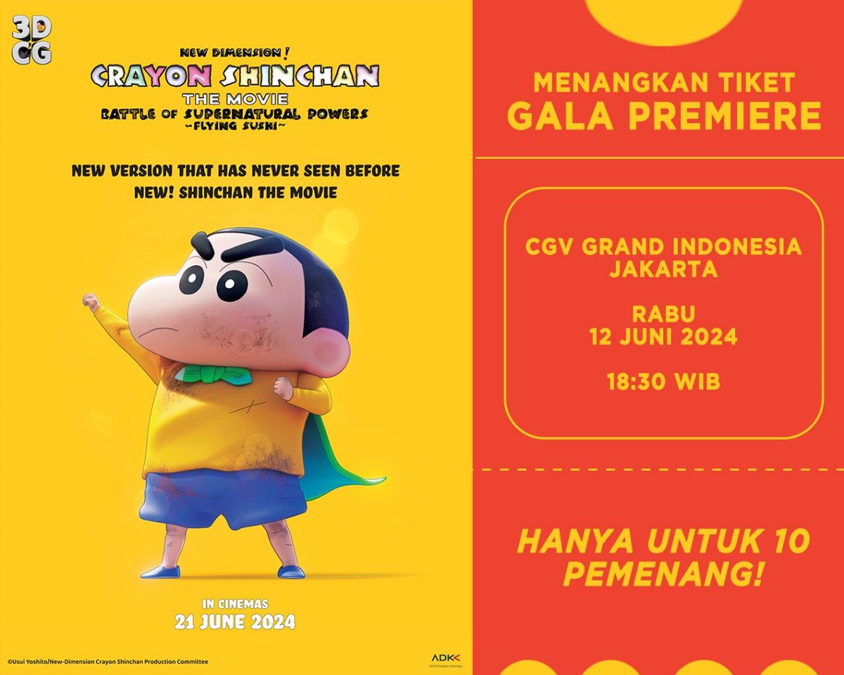 Ada giveaway buat 10 orang beruntung (masing-masing 2 tiket) yang mau nonton film terbaru Shinchan duluan😍

Tinggal reply dengan nama asli Shinchan dan juga like &amp; repost postingan ini

Ditunggu sampai besok  jam 10.00 WIB

 Yukk ikutan sekarang~

#SemuaSerudiCGV