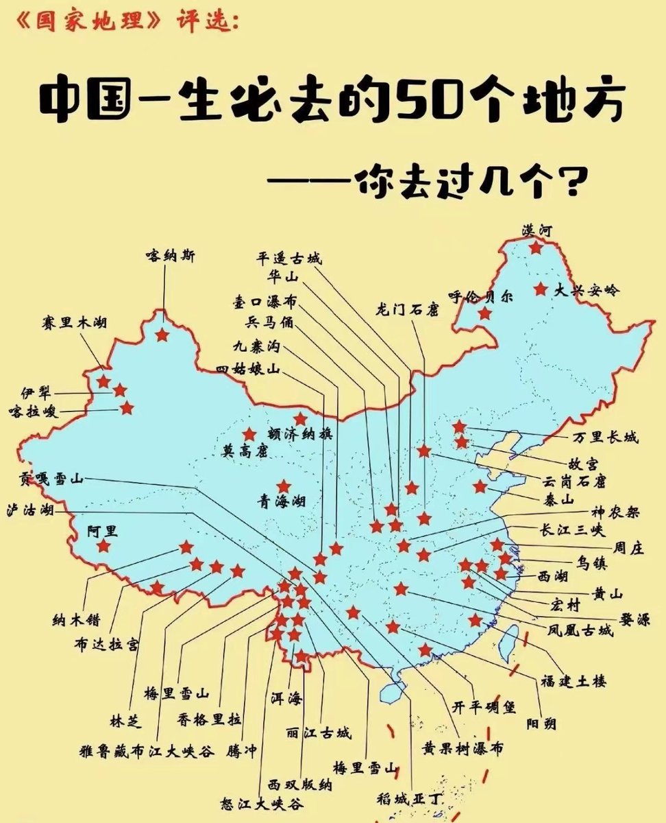 中国必去的50个景点

我有个梦想，要走遍《国家地理》评选的中国人生必去的50个地方，你去过几个了？

-

自然风光

▲喀纳斯：天神遗忘在北疆的后花园
▲大兴安岭：中国金鸡冠的绿宝石
▲九寨沟：中国水景之王
▲额济纳旗：中国最美的胡杨秋色
▲张家界：放大的盆景，缩小的天堂