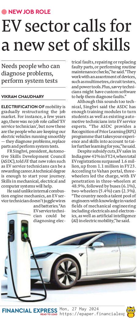 SkillsASDC's tweet photo. Mr. FR Singhvi, President, ASDC, shares insightful perspectives on the EV sector in Financial Express. As the job market evolves, there's a growing demand for skilled EV service technicians who diagnose issues and ensure our electric vehicles run smoothly. 

#FinancialExpress https://t.co/PBsT7Vzpn9