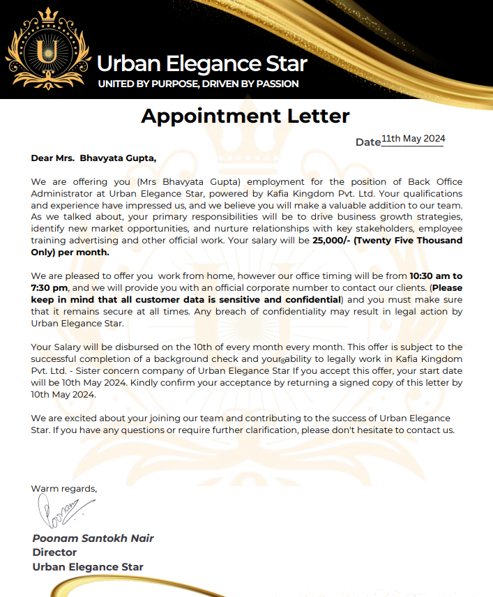 Bhavyata0198's tweet photo. @PunjabPoliceInd  my salary day was 10th of each month. Below is the screenshot of the offer letter . This company have not paid salary to its multiple employee. Please reach out to  me on+91 8077454315 if more details are required. https://t.co/QlrBjJpw9K