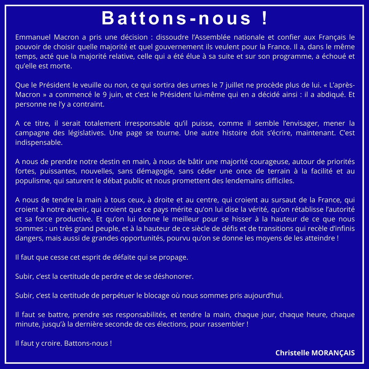 Que le Président le veuille ou non, ce qui sortira des urnes le 7 juillet ne procède plus de lui. « L’après-Macron » a commencé le 9 juin, et c’est le Président lui-même qui en a décidé ainsi : il a abdiqué. Et personne ne l’y a contraint. #DissolutionAssemblée
