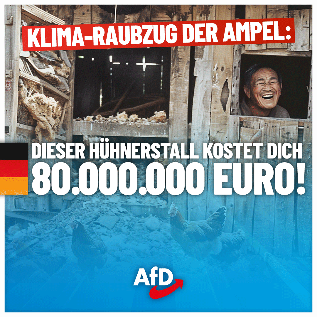 AfD's tweet photo. CO2-Betrugsskandal kostet uns 4,5 Milliarden: Klima-Kult ist Betrug am Bürger!

Was man über die #Ampel-Regierung wissen muss, kann man mit einem einzigen Satz zusammenfassen: Ein Hühnerstall in China wurde von deutschen Autofahrern mit 80 Millionen Euro finanziert. Denn in einer chinesischen Uiguren-Provinz sollte eigentlich ein „Klimaschutzprojekt“ auf die Beine gestellt werden, welches sich jedoch bei einer Überprüfung als ebendies entpuppte: Als verlassener Hühnerstall. Bezahlt wurde der Irrsinn mit der Klima-Abgabe der deutschen Autofahrer. Und nicht nur das. Im Zusammenhang mit einem riesigen CO2-#Betrugsskandal, der sich immer mehr auszuweiten scheint, soll ein Gesamtschaden von bis zu 4,5 Milliarden Euro entstanden sein – indem Klima- und Umweltprojekte finanziert wurden, die gar nicht oder nur in anderer Form existieren.

Die politische Hauptverantwortung für diese unfassbaren Vorgänge trägt die grüne Umweltministerin und Klimakleber-Verharmloserin #Lemke. Aber auch #Habeck ist als Klimaminister dafür verantwortlich, dass unser Steuergeld in aller Welt verteilt wird und dann auch noch im Nichts versinkt. Warum leisten wir überhaupt Entwicklungshilfe für eine wirtschaftliche Weltmacht, wie es #China ist? Die #AfD-Bundestagsfraktion hatte bereits im vergangenen Jahr beantragt, aufstrebenden Wirtschaftsmächten wie China, Indien oder Brasilien den Status als Entwicklungsland zu entziehen. Doch die Ampel-Regierung hält weiterhin an einer Wirtschafts- und Entwicklungspolitik fest, die unser Land zum Melk-Esel der Welt macht!

Vor diesem Hintergrund wird der milliardenschwere Betrugsfall zum Symbol für den gesamten Klima-Kult. Denn nicht nur der aktuelle Skandal um die Klima-Abgabe ist Betrug – die Klimapolitik ist es selbst. Uns wird der vermeintliche Nutzen von Deindustrialisierung durch Kernkraft-Ausstieg vorgegaukelt, während unsere Nachbarländer in die Kernkraft einsteigen oder Kernkraft ausbauen. Uns wird ein vermeintlicher ökologischer Nutzen durch Wärmepumpen suggeriert, während in Wirklichkeit nur die amerikanische Wärmepumpen-Industrie profitiert. Unsere Auto-Industrie wird zerstört und die Wettbewerbsfähigkeit von E-Autos wird beschönigt, während andere Länder sich ins Fäustchen lachen. Wir werden diesen Irrsinn beenden, die Deindustrialisierung stoppen und die Finanzierung des Energiewende-Billionenbetrugs einstellen! #DeshalbAfD