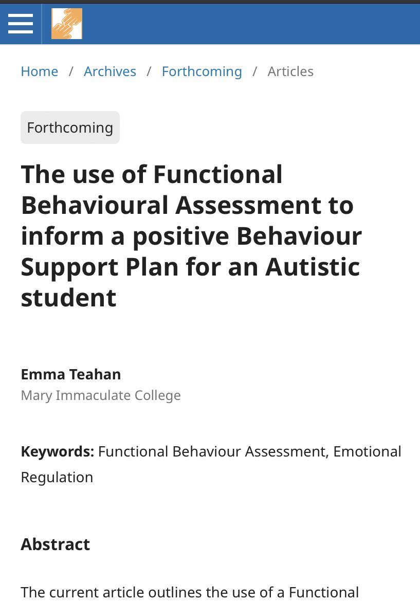 Just published open access from our forthcoming edition. Emma Teahan explores FBA and the use of a Positive Behaviour Support plan for a 5 year old autistic boy reachjournal.ie/index.php/reac…