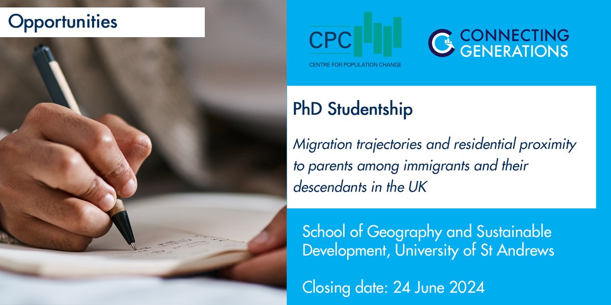 Connecting Generations (@connectinggens) on Twitter photo Hey #poptwitter - spread the word!
We are inviting applications from qualified and highly motivated #students for a 3.5-year #PhD #Studentship in the intersection of #demography and #spatialanalysis with our team <a href="/StAndrewsSGSD/">St Andrews Geography & SD</a>.
📨 Info and apply at: st-andrews.ac.uk/assets/univers… Hey #poptwitter - spread the word!
We are inviting applications from qualified and highly motivated #students for a 3.5-year #PhD #Studentship in the intersection of #demography and #spatialanalysis with our team <a href="/StAndrewsSGSD/">St Andrews Geography & SD</a>.
📨 Info and apply at: st-andrews.ac.uk/assets/univers…