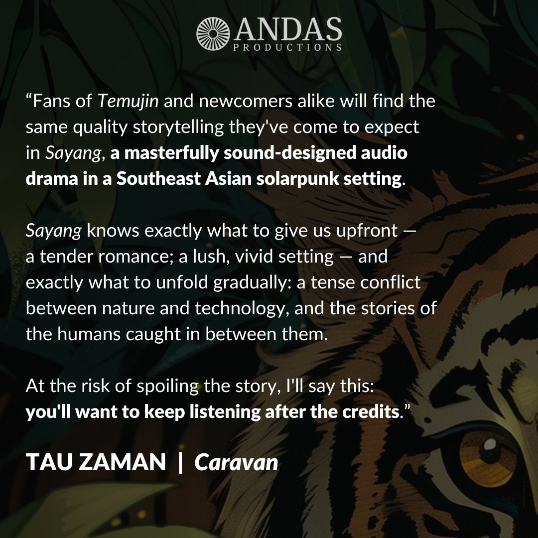 Andas Productions is on Bsky @andasproductions.com (@andasprod) on Twitter photo ✍️ REVIEWS ARE IN! ✍️
It's been a week since we released SAYANG, our one-shot solarpunk #audiodrama, and the verdict is in!
First up, @TauZaman, creator of Caravan and DM on <a href="/ROGUERUNradio/">ROGUE RUNNERS Vol. 1: In the Blood</a>:
(1/n) ✍️ REVIEWS ARE IN! ✍️
It's been a week since we released SAYANG, our one-shot solarpunk #audiodrama, and the verdict is in!
First up, @TauZaman, creator of Caravan and DM on <a href="/ROGUERUNradio/">ROGUE RUNNERS Vol. 1: In the Blood</a>:
(1/n)
