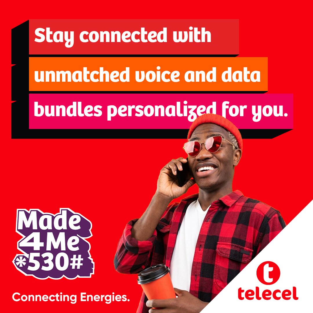 TelecelGhana's tweet photo. Stay connected with loved ones by simply dialling *530# to enjoy personalized voice and data offers. Offer also available on Telecel Play.
#Telecel
#ConnectingEnergies
#Made4Me https://t.co/nglQ4X9moG