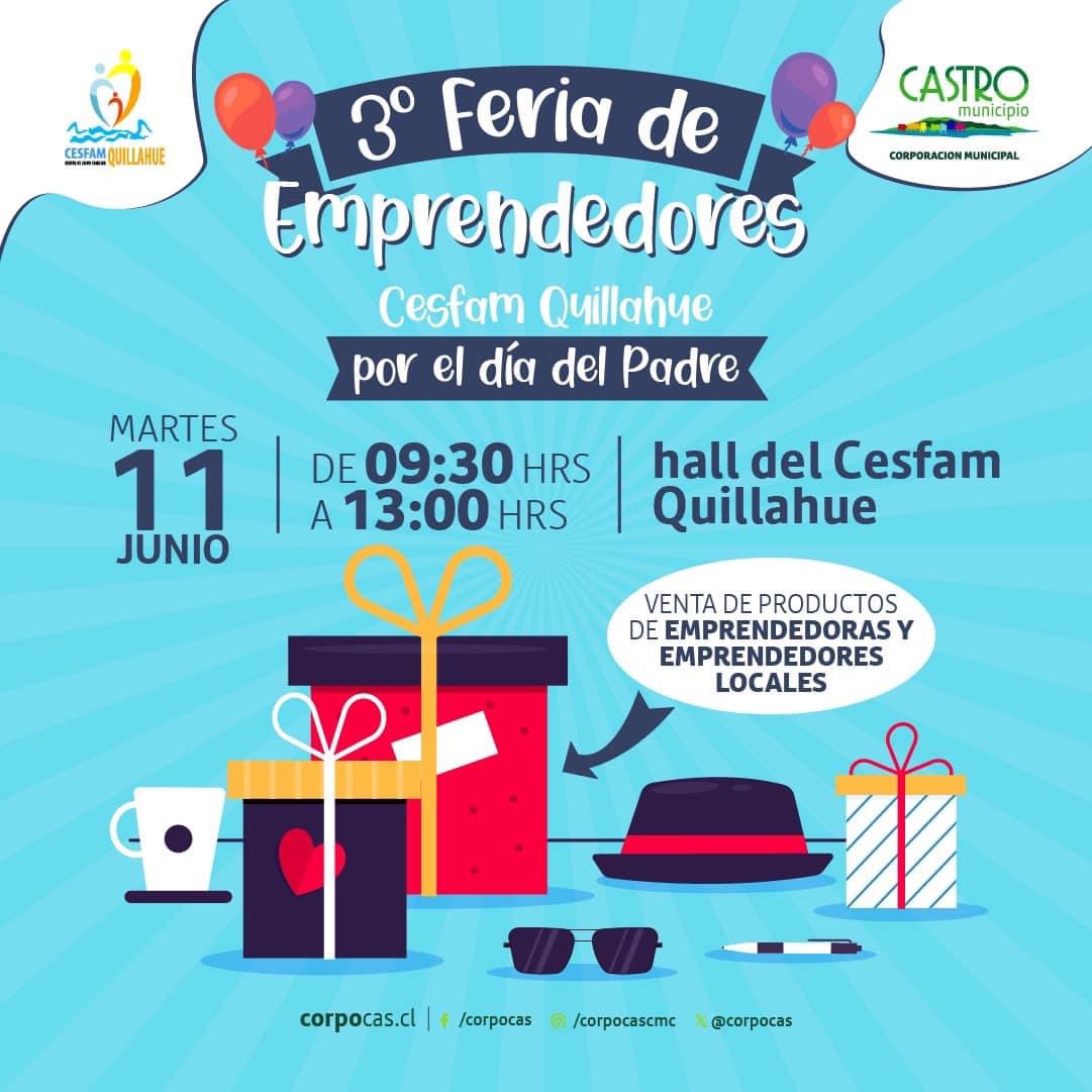 HOY martes 11 de junio, ven y celebra con nosotros el #DíadelPadre con la 3ª Feria de Emprendedores del Centro de Salud Familiar Quillahue.

Te esperamos en el hall de nuestro cesfam entre las 9:30 y 13:00 horas para que visites los stands de las emprendedoras y emprendedores!