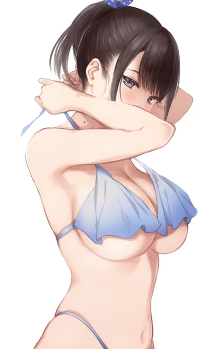 詩子お姉さん絵個人的振り返り2温泉(最低すぎる美少女ヒロイン～)目つきとスタイルがいい。個人的にも良く描けた。褒められて嬉しかった思い出。水着(最低すぎる美少女ヒロイン～)詩子お姉さん、ポニテにすると清楚清純お姉さん度があまりにもすごい。 