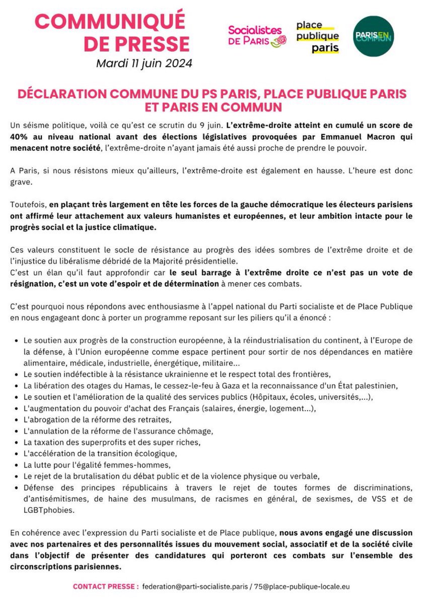 CerfiaFR's tweet photo. 🇫🇷 FLASH | La fédération parisienne du PS et le mouvement d'Anne Hidalgo annoncent leur intention de présenter des candidatures dans toutes les circonscriptions de Paris. https://t.co/hbVmjQAguA