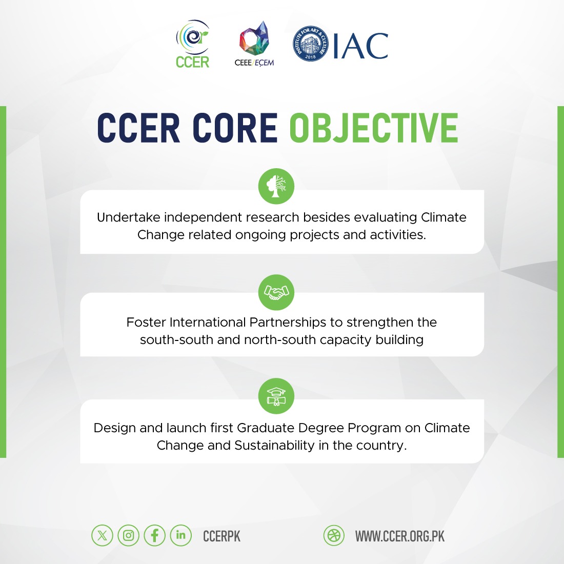 ccerpkofficials's tweet photo. The 𝗖𝗖𝗘𝗥 Core objectives is to conduct independent research on climate change &amp; related fields. Evaluate ongoing projects &amp; activities related to climate change. Design &amp; launch country's first graduate degree program focused on Climate Change &amp; Sustainability
#iacofficials https://t.co/11KOyNjIBK