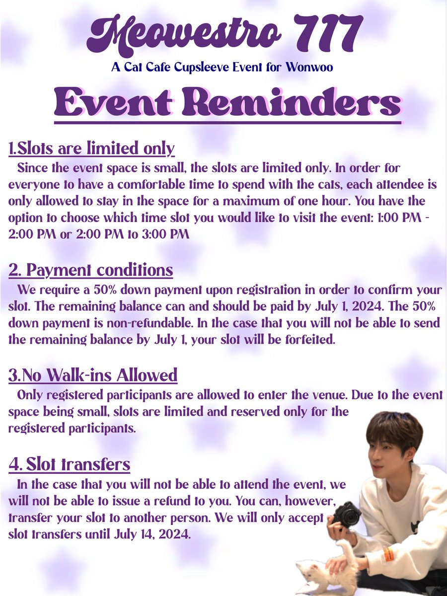 Meowestro717's tweet image. Hello Wonwoorideuls and Carats!

Please be guided accordingly with our event reminders!

You may now register through this link: bit.ly/3VbeUFa

We hope to see you there! #Meowestro717