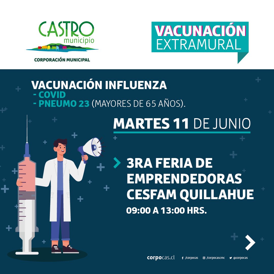 [VACUNACIÓN] Nuestro Departamento de #SaludMunicipal llama a la población objetivo de la campaña de vacunación #covid_19, #influenza y #pneumo23.

Hoy nuestros equipos estarán vacunando en la 3ª Feria de Salud y Emprendedores del #DíadelPadre en nuestro Cesfam #Quillahue.