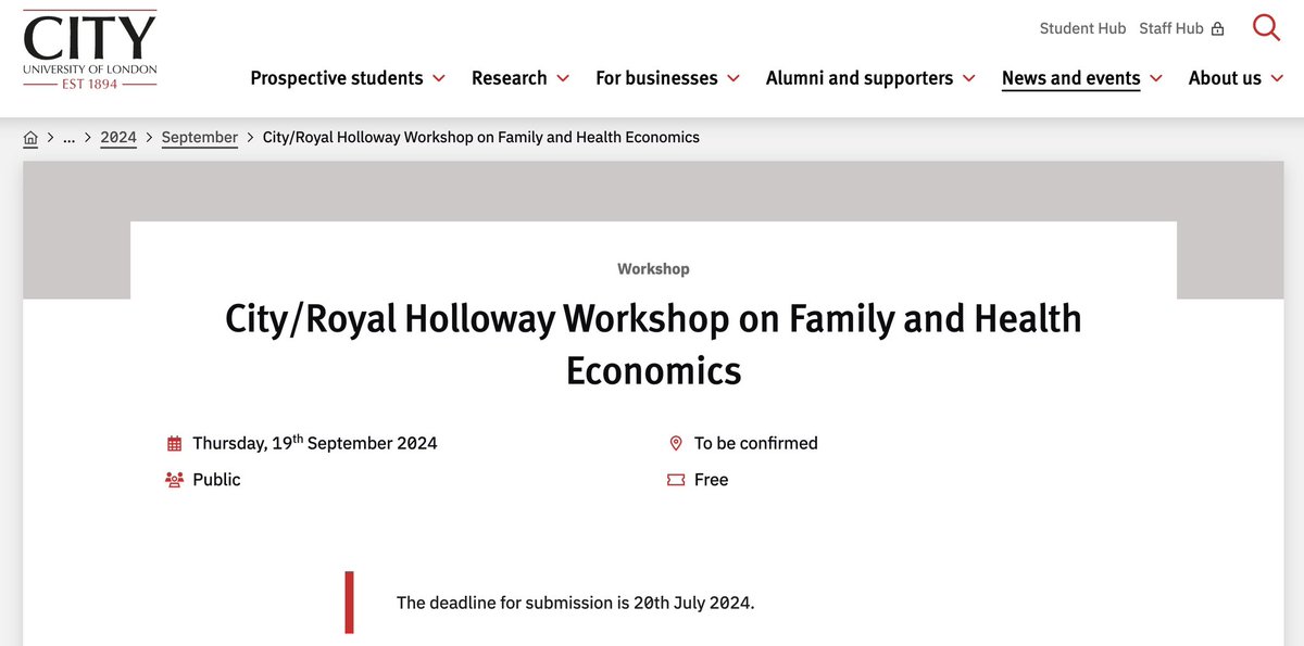 City Uni Economics (@cityuniecon) on Twitter photo ๐ฃWe are organising the 2nd Workshop on Family and Health Economics (w/<a href="/RHULECON/">Royal Holloway Economics Department</a>) !
โณDeadline: 20th July
๐ค Keynote: Prof. Monica Costa Dias
Details: city.ac.uk/news-and-eventโฆ ๐ฃWe are organising the 2nd Workshop on Family and Health Economics (w/<a href="/RHULECON/">Royal Holloway Economics Department</a>) !
โณDeadline: 20th July
๐ค Keynote: Prof. Monica Costa Dias
Details: city.ac.uk/news-and-eventโฆ