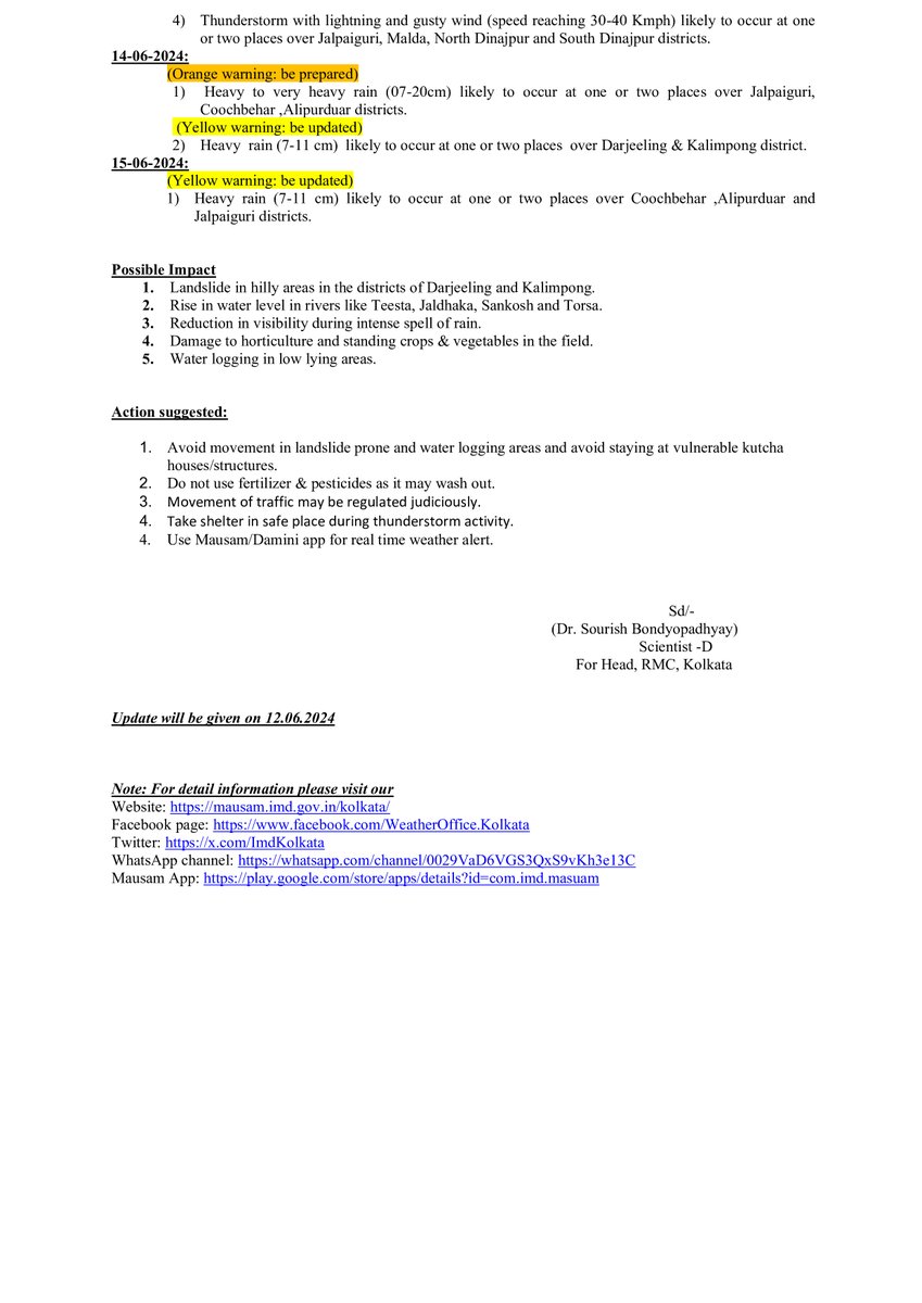 ImdKolkata's tweet photo. Special Bulletin No-2
Heat wave to Severe Heat Wave activity over South Bengal during 11 – 14thJune,2024 &amp; Enhanced rainfall activity over North Bengal during 11 – 15th June,2024 .
Details inside bulletin. https://t.co/dXpfo3VR5n