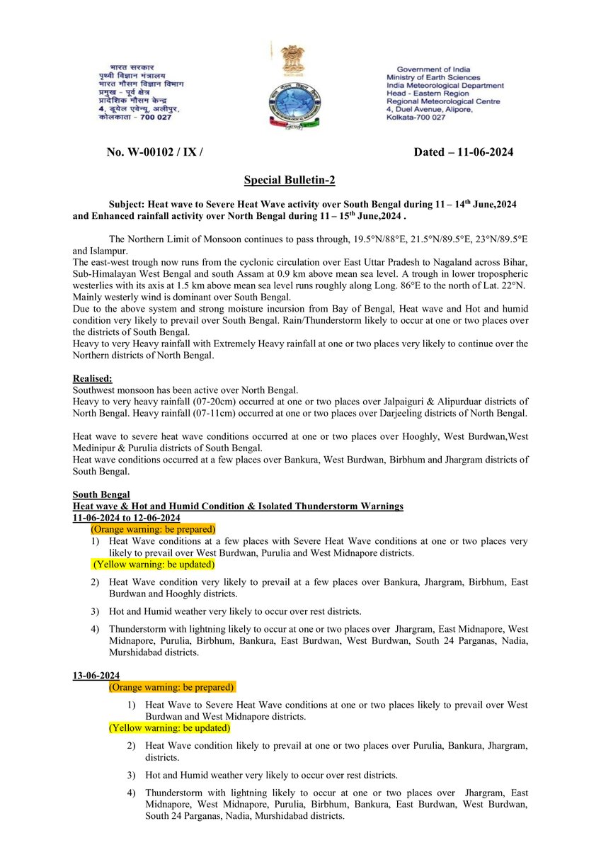 ImdKolkata's tweet photo. Special Bulletin No-2
Heat wave to Severe Heat Wave activity over South Bengal during 11 – 14thJune,2024 &amp; Enhanced rainfall activity over North Bengal during 11 – 15th June,2024 .
Details inside bulletin. https://t.co/dXpfo3VR5n