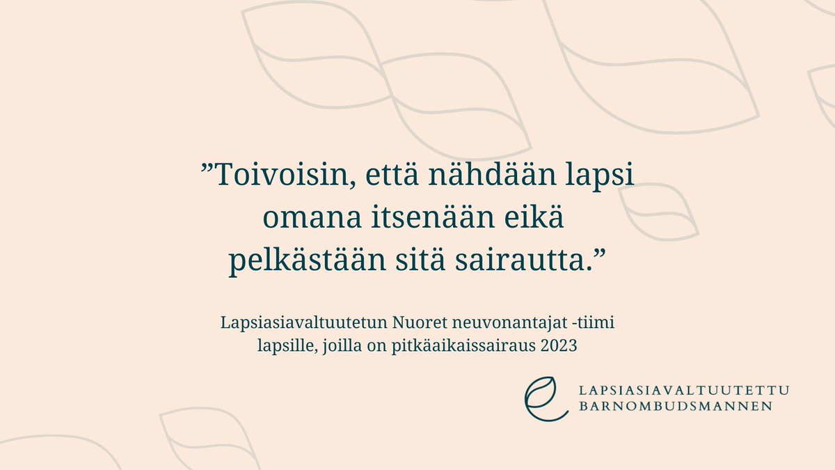 Lapsiasiavaltuutetun Nuoret neuvonantajat -tiimi pitkäaikaissairaiden lasten kanssa kokoontui kolmesti.
Tiimi korosti, että jokaista lasta tulee kohdella yksilönä. Lapsille tulee antaa tietoa sairaudesta, kannustaa heitä ja kysyä heidän näkemyksiään.
🔗lapsiasia.fi/lasten-kuulemi…