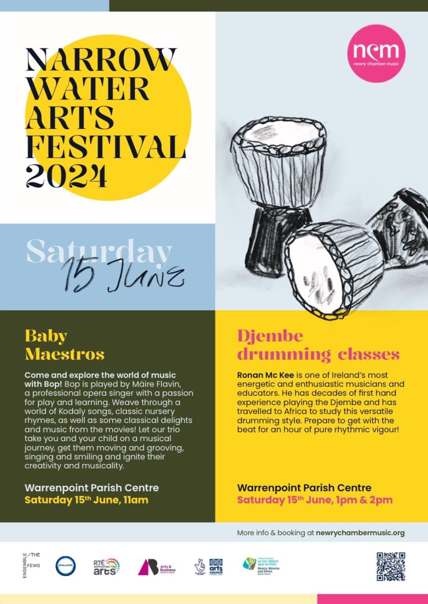 NewryMusic's tweet photo. 🎶✨ Join us this Saturday for a day of family fun! ✨🎶

📅 This Saturday, 15th June
⏰ 👶🏼 Baby Maestros at 11 AM | 🪘 Family Drumming Workshops at 2 PM
📍 Warrenpoint Parish Centre 
🎫: https://t.co/MTA3CzeFk1 

Bring the whole family &amp; create unforgettable memories together ☀️ https://t.co/J78cWYiVLC