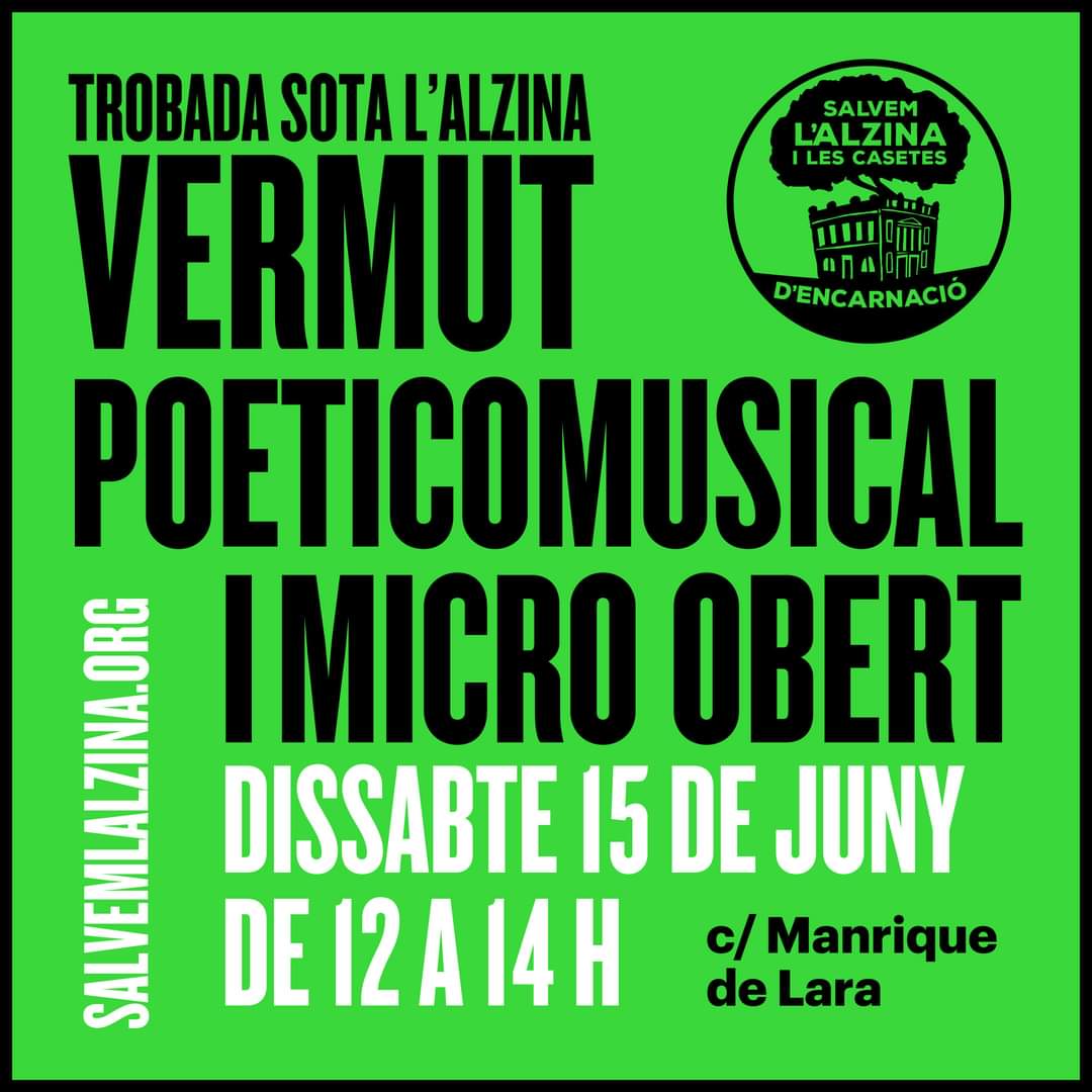 SalvemAlzina's tweet photo. 🎶 Aquest DISSABTE 15, celebrarem un recital al #JardíDeLAlzina amb la presència diverses artistes i la natura com a fil conductor. Tothom hi és convidat, també a llegir o cantar! Hi haurà vermut a preus populars i llibres a la venda. #FemBarri #FemCultura #DefensemElVerd 💚 https://t.co/ZjKqHpifFj