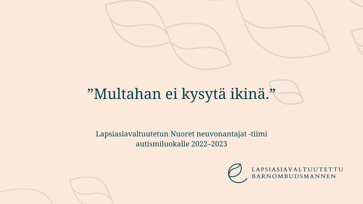 Lapsiasiavaltuutetun Nuoret neuvonantajat -tiimi autismiluokan kanssa kokoontui 6 kertaa.
Lapsille tärkeitä ovat läheiset ihmiset ja heidän kanssaan vietetty aika. Kiva aikuinen kuuntelee ja on kiinnostunut lapsen asioista sekä leikkii tai pelaa yhdessä.
lapsiasia.fi/lasten-kuulemi…