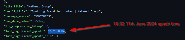 thetafferboy's tweet photo. Maybe "not new" but I found this interesting:

- Google appears to store "last significant update" time/date in epoch format for URLs

- You can supply lastmod in XML sitemap

- Google has boolean on whether to trust you or not based on whether you're a naughty liar https://t.co/im6LSykcW0