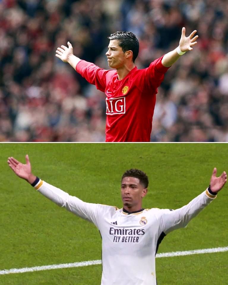 ElInmortal____'s tweet photo. Jude Bellingham: “¿Mi celebración? La primera vez que vi a Ronaldo hacerlo para el Man United y me encantó. Desde entonces quise convertirla en mi celebración distintiva”.

SE ACABÓ EL DEBATE.
DON CRISTIANO RONALDO, LA INSPIRACIÓN DE JUDE BELLINGHAM. https://t.co/vmgLI6JZ24
