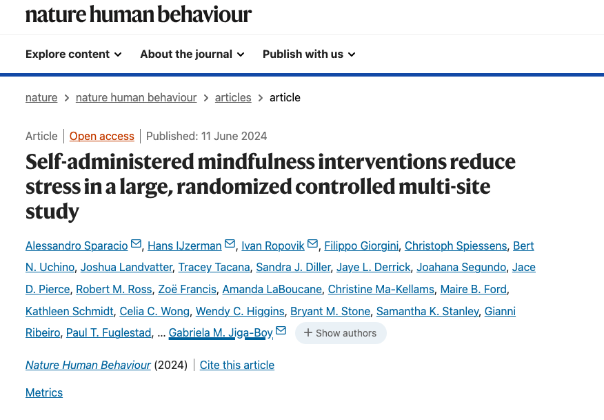 Publication Alert! 📰✨

Our paper on mindfulness has been published in Nature Human Behaviour! You can read the article here: 
nature.com/articles/s4156…! @GabiJB @hansijzerman <a href="/iropovik/">Ivan Ropovik</a> <a href="/Robert_M_Ross/">Rob Ross</a> @christophcoach