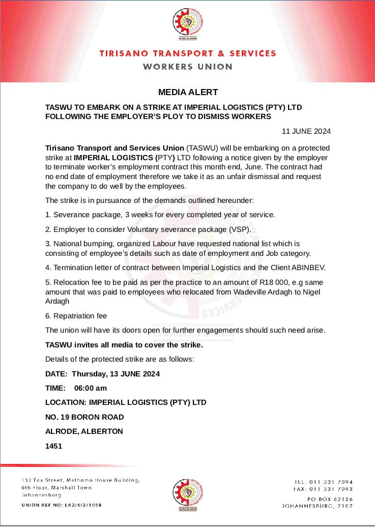 TASWU_'s tweet photo. TASWU to embark on a strike @Imperial Logistics PTY LTD on Thursday, 13 June 2024.

#SAFTU Deputy President #SenzoMeyiwaTrial SHEIN
Dali Mpofu National Assemble https://t.co/S6sdQpXTRu