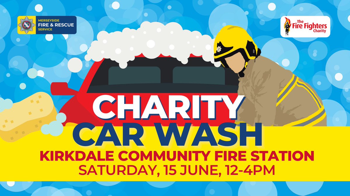 Get your car washed and support a great cause! 🚗🧽 

Firefighters at Kirkdale Community Fire Station are hosting a car wash this weekend in support of <a href="/firefighters999/">Fire Fighters Charity</a>: 

📆Saturday 15 June 
📍 Kirkdale Community Fire Station, Studholme Street, L20 8EQ
⌚️ 12pm – 4pm