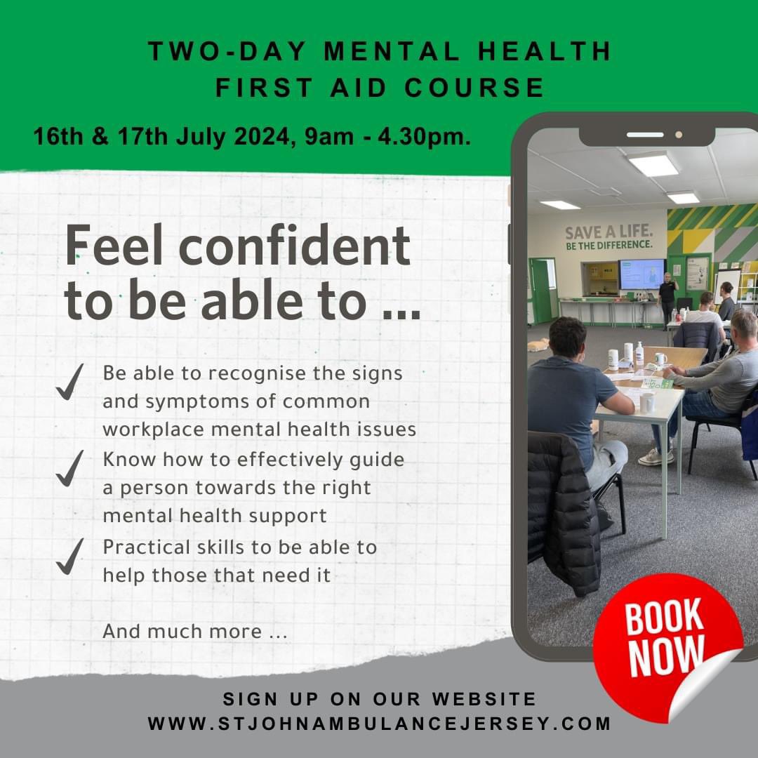 Availability!

We have a handful of spaces left on our Mental Health First Aid Course on 16th and 17th July.

Book now via our website stjohnambulancejersey.com.
