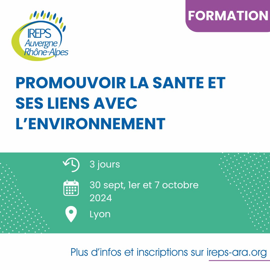 [FORMATION <a href="/irepsara/">Promotion Santé Auvergne-Rhône-Alpes</a> ] Promouvoir la santé et ses liens avec l'environnement 🗓 30 septembre, 1er et 7 octobre 2024 à Lyon 👉 swll.to/JdCrsAR 
#promotionSanté #environnement