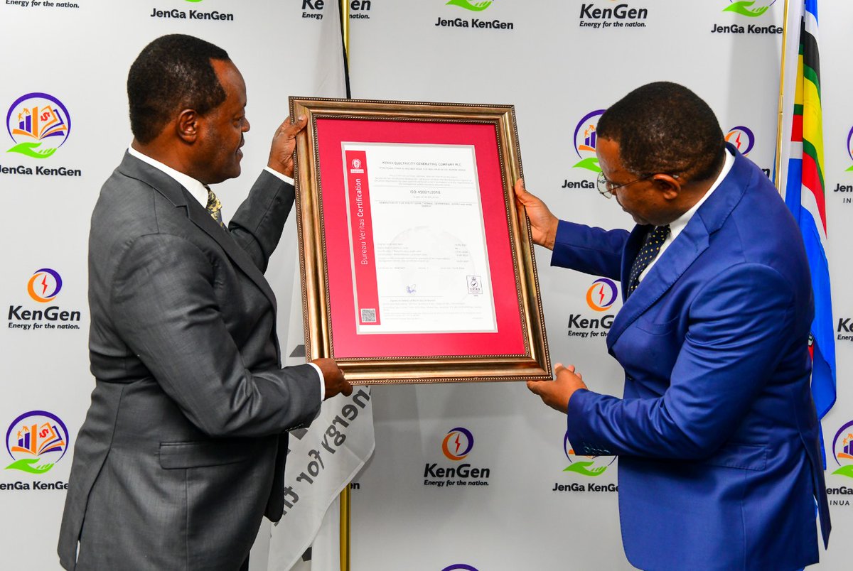KenGenKenya's tweet photo. Recognizing the importance of safety in our operations, @KenGenKenya embarked on a strategic initiative in 2022 to implement and achieve certification for ISO 45001:2018 requirements. https://t.co/BgnuMeX21E #KenGenISO #SafetyFirst ^EM https://t.co/Z71UCjYoy3