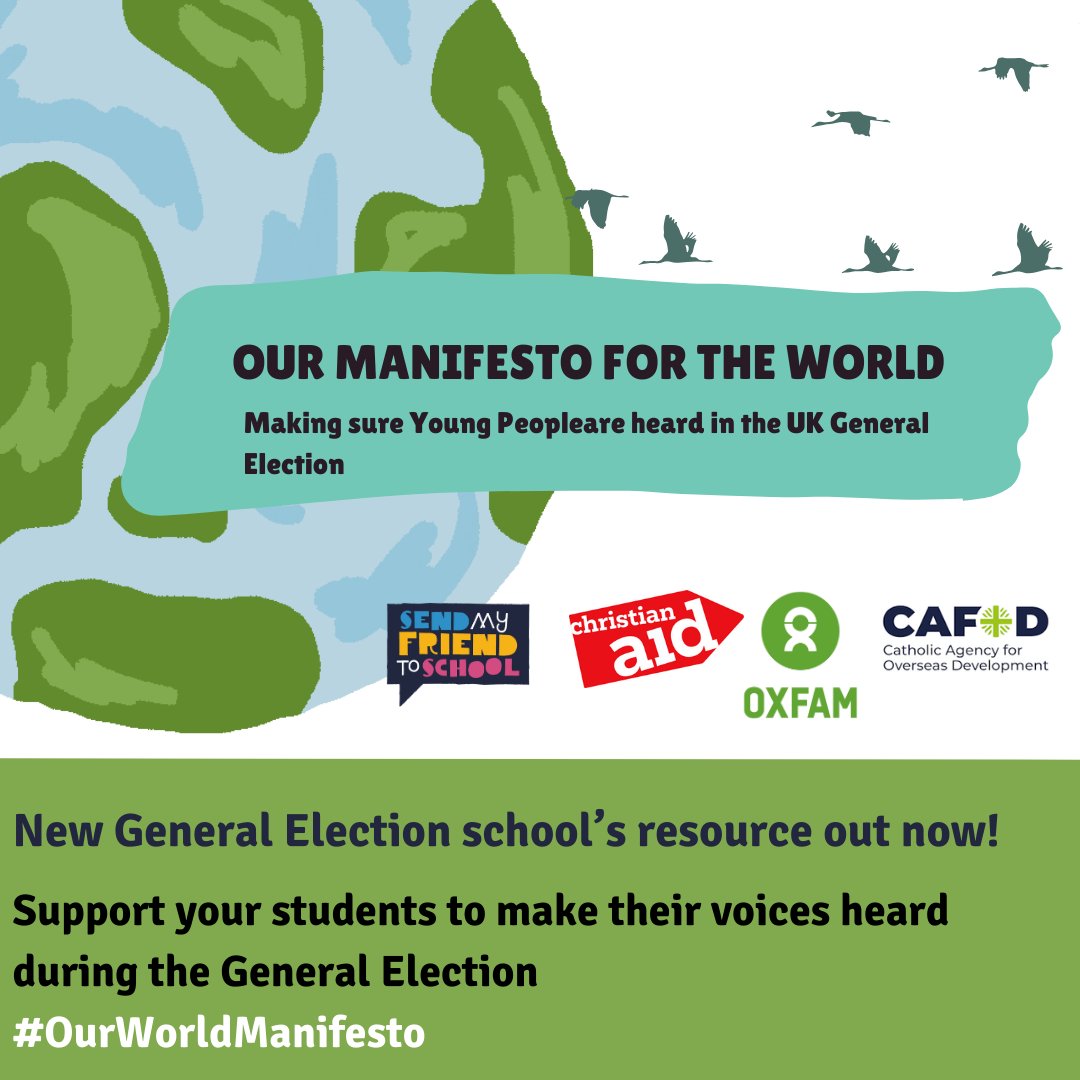 The UK General Election is well underway. This week parties are issuing their manifestos and we're asking young people to have their say by writing Manifestos for the World. Explore our new resource <a href="/CAFODSchools/">CAFOD Schools</a> <a href="/CAidSchools/">Christian Aid Education</a> <a href="/sendmyfriend/">Send My Friend</a> <a href="/oxfamgb/">Oxfam</a> bit.ly/3x1zJLg
