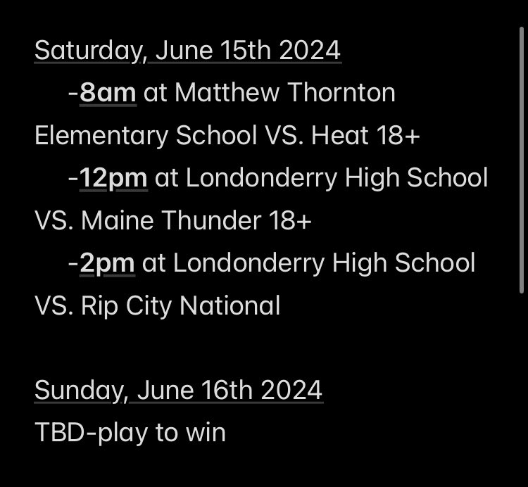 Game schedule for this weekend in Londonderry! So excited🥎