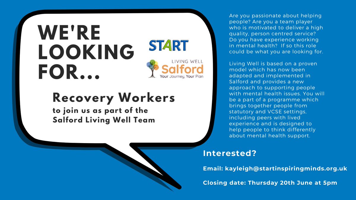 START (@startinspminds) on Twitter photo VACANCY!! START are looking for their next Recovery Worker who will listen with empathy, understanding & create space for people to feel truly heard. Interested? See below for details. Pls help by sharing with your networks <a href="/SalfordPagesUK/">SalfordPagesUK ๐ช๐บ๐บ๐ฆ</a> <a href="/MySalford/">My Salford</a> <a href="/MattersSalford/">Wellbeing Matters Salford</a> <a href="/SalfordCVS/">Salford CVS</a> VACANCY!! START are looking for their next Recovery Worker who will listen with empathy, understanding & create space for people to feel truly heard. Interested? See below for details. Pls help by sharing with your networks <a href="/SalfordPagesUK/">SalfordPagesUK ๐ช๐บ๐บ๐ฆ</a> <a href="/MySalford/">My Salford</a> <a href="/MattersSalford/">Wellbeing Matters Salford</a> <a href="/SalfordCVS/">Salford CVS</a>