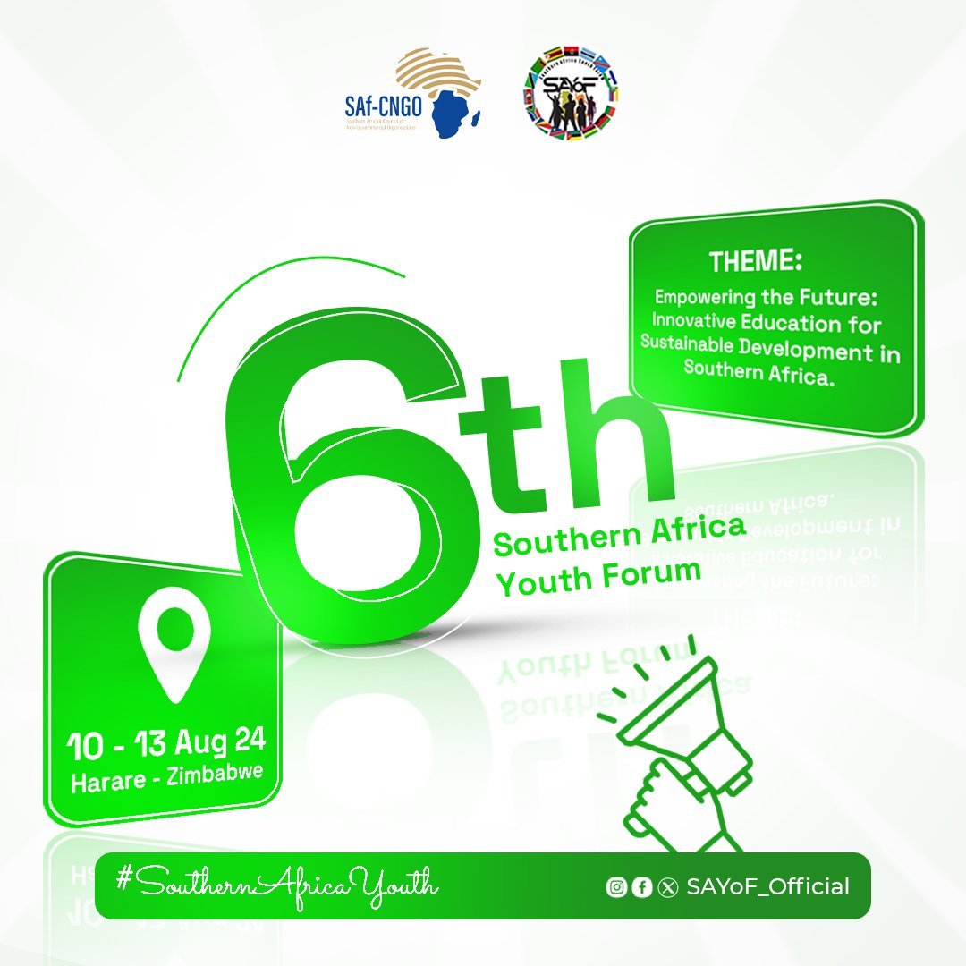 📢📢6th Southern Africa Youth Forum Announcement 

📌Theme: Empowering the Future: Innovative Education for Sustainable Development in Southern Africa!

🗒10 - 13 August 2024
📍Harare, Zimbabwe🇿🇼

#SouthernAfricaYouth #6thSouthernAfricaYouthForum