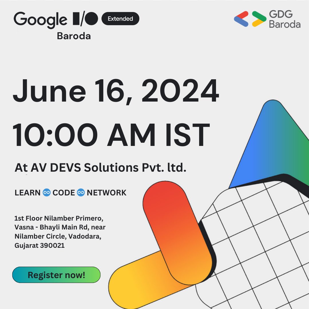 Excited about Google I/O? So are we! GDG Baroda is hosting a watch party for Google I/O Extended 2024. Join us to experience live streams, network with fellow tech enthusiasts, and enjoy exclusive swag!
Don’t miss out! Register now bit.ly/4bSt5WN <a href="/GDGIndia/">Google Developer Groups India</a> <a href="/GoogleDevsIN/">Google for Developers India</a>