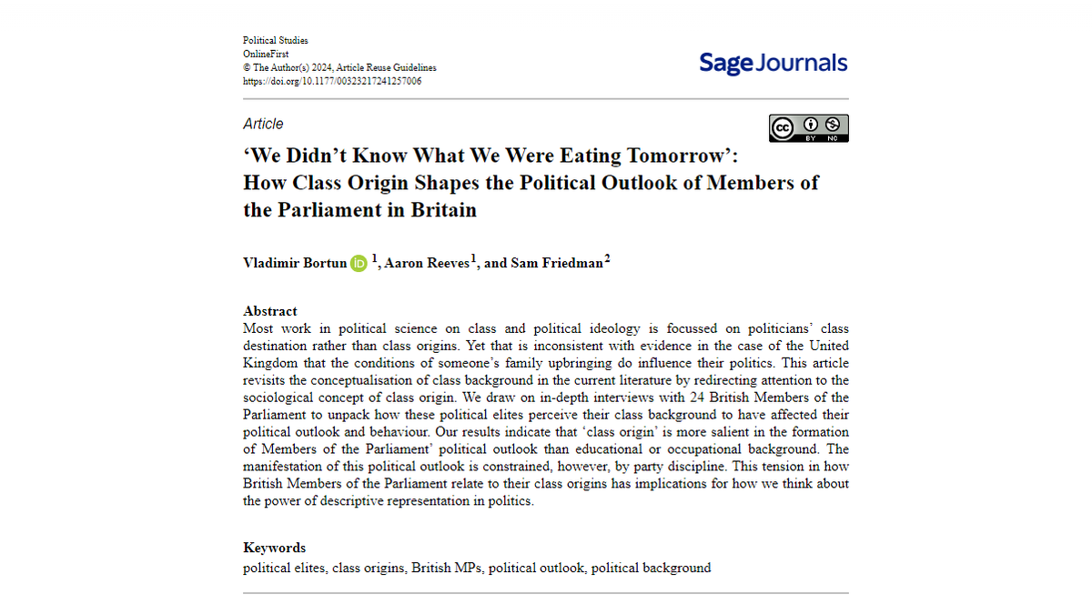 PolStudies's tweet photo. How does class origin shape the political outlook of members of the parliament in Britain? @BortunVladimir, @aaronsreeves &amp; @SamFriedmanSoc find it may have bigger impact than educational or occupational background: https://t.co/REBWnVWD4S (OA)

@PolStudiesAssoc @SAGECQPolitics https://t.co/j978CG6IXs