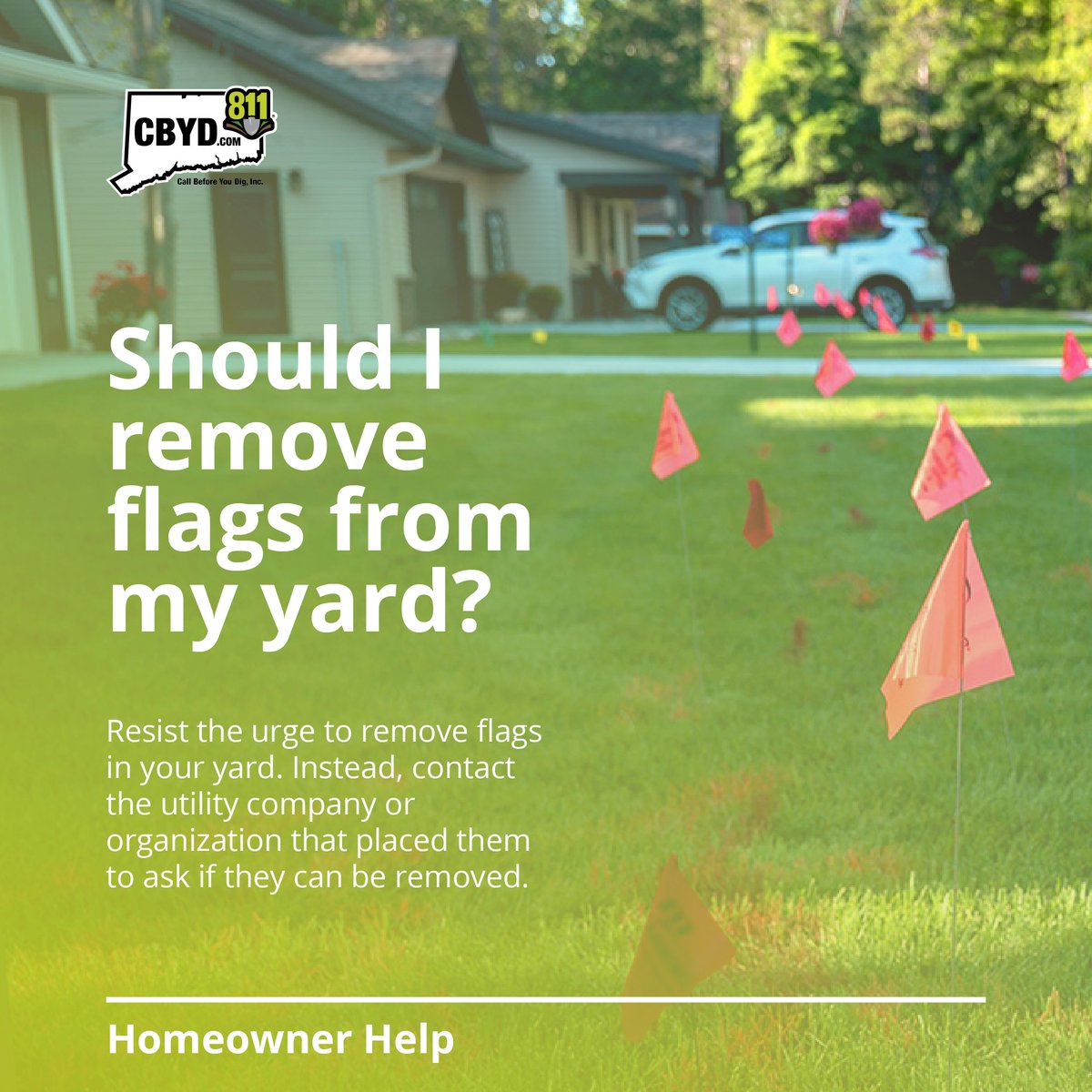 CBYD811's tweet image. Have small, colorful flags shown up in your yard? Wondering if you can pull them? ⚠️ Do not remove them! ⚠️

Instead, contact the utility company or organization that placed the flags. They'll know when it's safe to clear them.

#DigSafe #EveryDigEveryTime #CBYD #ExcavationSafety