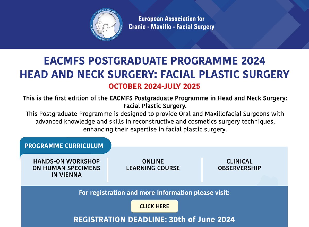 eacmfs_org's tweet image. New! Announcement of the EACMFS Postgraduate Programme 2024 in Head and Neck Surgery: Facial Plastic Surgery
Programme Start Date: 25th October 2024
Registration Deadline: 30th June 2024
For Information and Registration visit: ow.ly/Bcij50Sfjk9
#EACMFS #PGProgramme