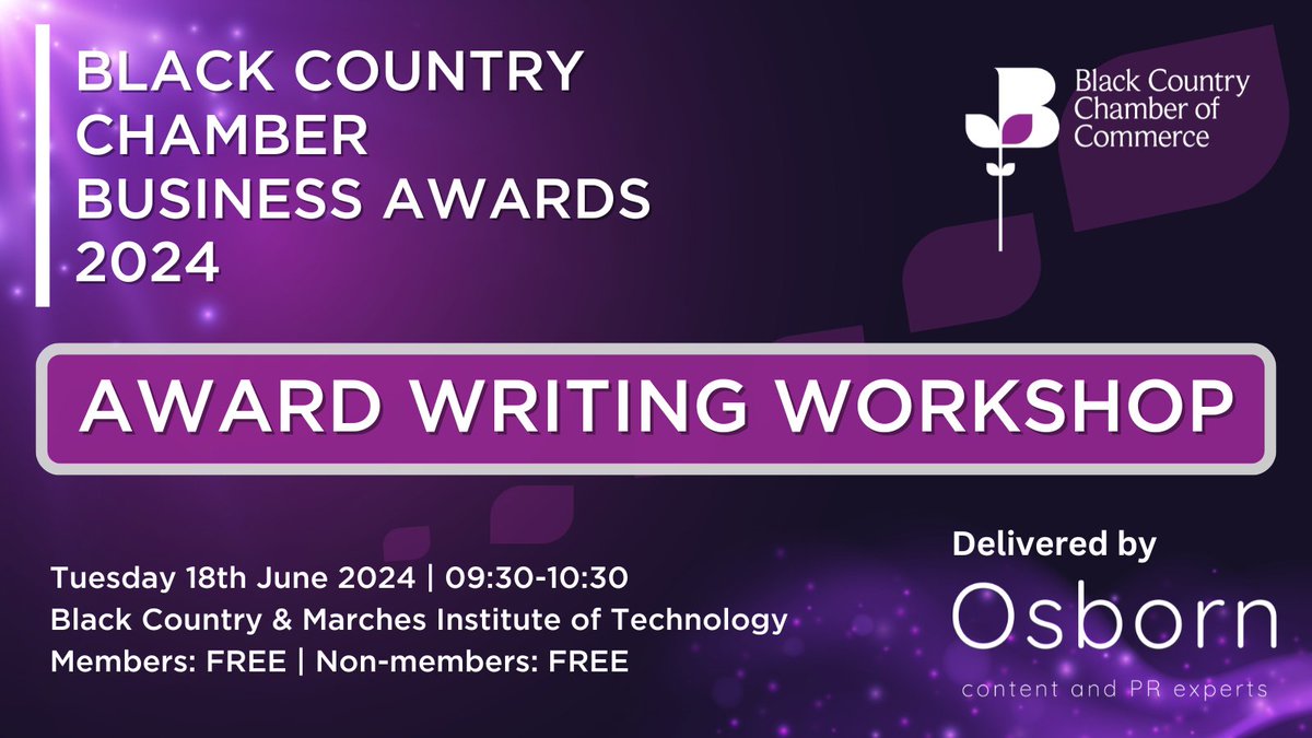 One week till our Award Writing Workshop at <a href="/BCM_IoT/">Black Country & Marches Institute of Technology</a>!

Chris Leggett from <a href="/osborncontent/">Osborn PR</a> will teach you how to get talking about your business to be in with a chance of winning big this season 🏆

Book now! ➡️ loom.ly/yfG1Ph8

#bcccawards #BusinessIsDoneBetterTogether