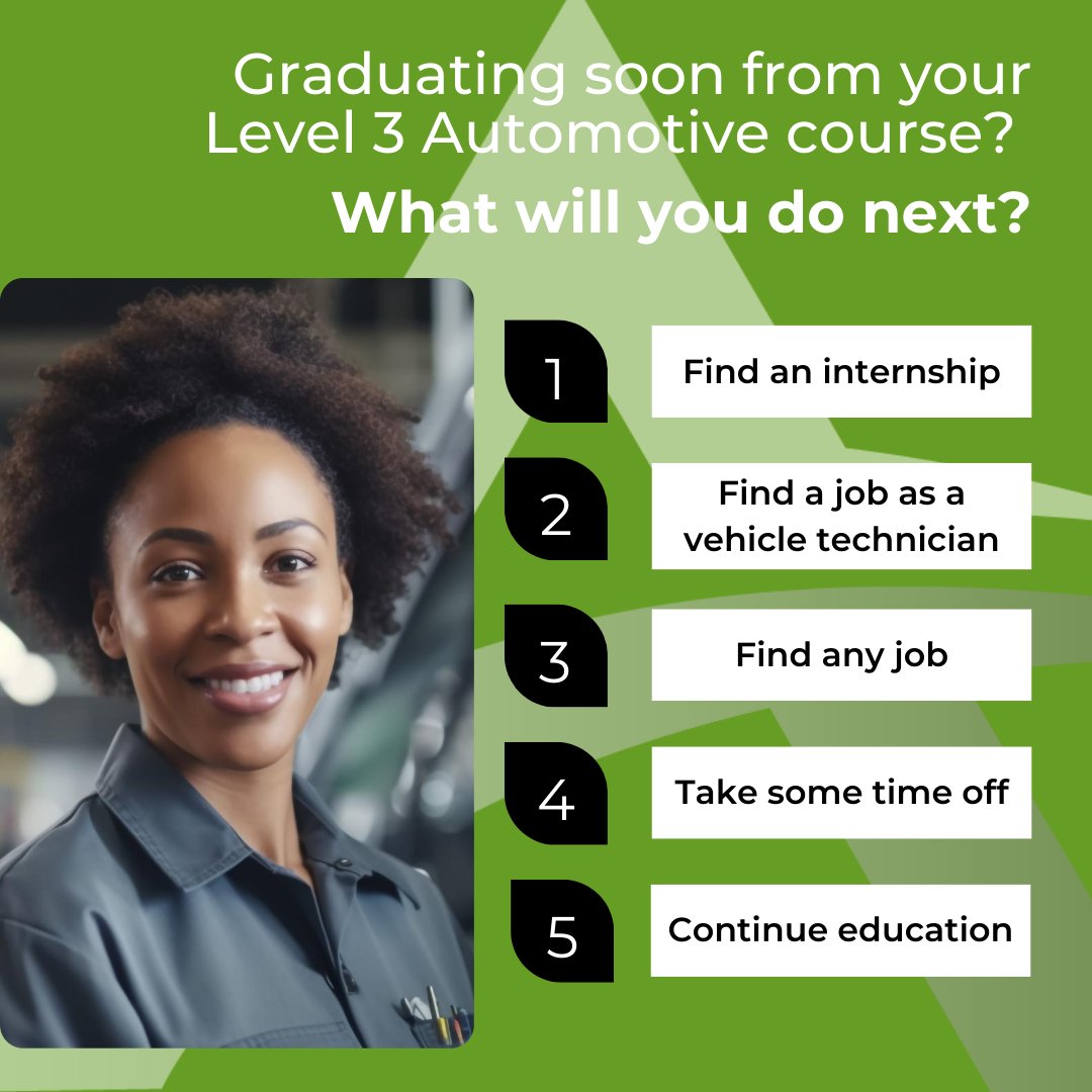 🚗 🎓 With your Level 3 Automotive course coming to an end, it's time to think about your next steps! We'd love to know your plans. Comment below with your answer: 1, 2, 3, 4, or 5.

#Level3 #Automotive #College #VehicleTechnician #Intership #Job #Poll #Survey #AutotechAcademy