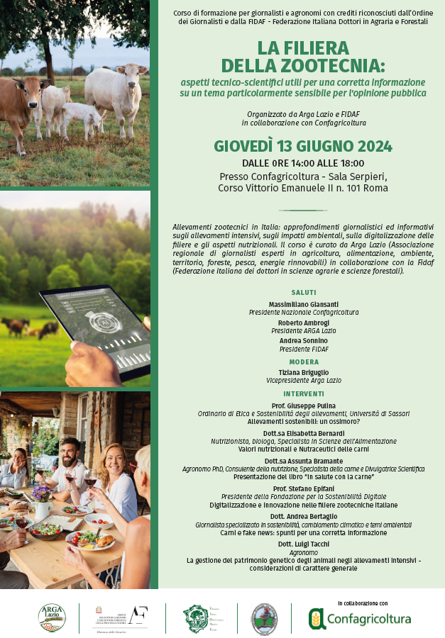 📌Confagricoltura ospita il corso di formazione “La filiera della zootecnia: aspetti tecnico-scientifici utili per una corretta informazione su un tema particolarmente sensibile per l’opinione pubblica”, organizzato da #ARGALazio e da #FIDAF
📅Giovedì 13 giugno 
🕑Ore 14:00