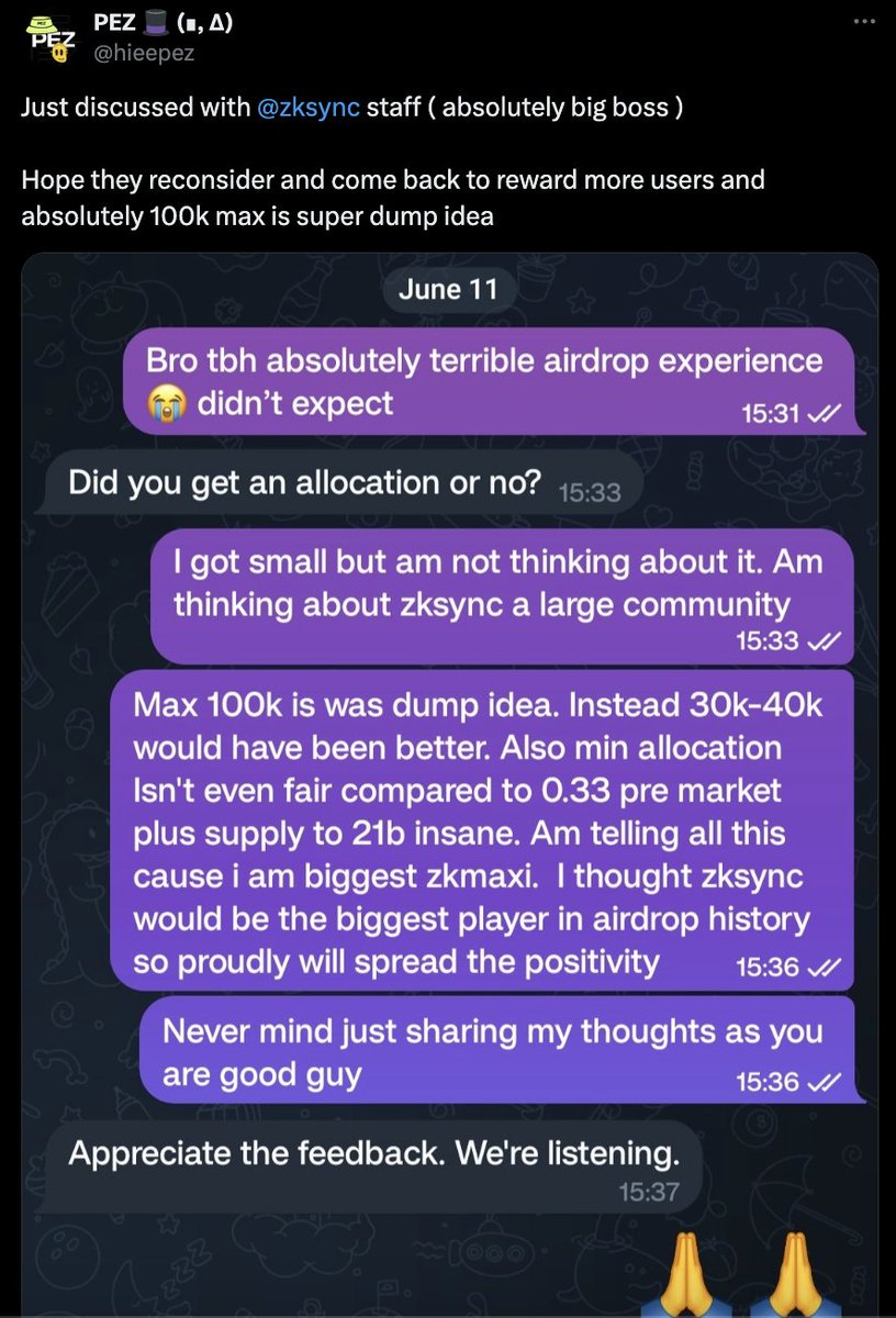 gameofbitcoin's tweet photo. given the hype zkSync had, community sentiment is down bad after the claim checker went live

there are multiple concerns and proposals floating around

1. Reducing the max cap from 100k to around 50k tokens (redistributing the excess)

2. Removing the minimum threshold of 450 tokens

3. Recheck sybil activity

the team seems to be aware of the discontentment and taking feedback from the community as @heycape_ and @hieepez highlighted

also, support @CryptoTeluguO proposal

👉 https://t.co/C0rjHP3p5M