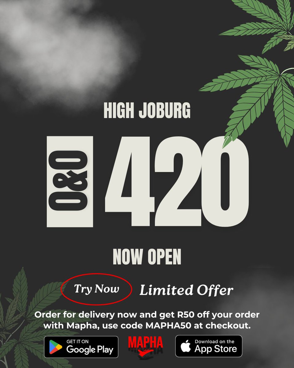 Mapha_Logistics's tweet photo. High Joburg 😮‍💨! We got something special for you. One & Only 420 just opened its doors and they’re offering you all a special for this month. 

Download the Mapha app to order for delivery and you can get R50 off your order. Try it now:
 https://t.co/3owr7X8JDT

#cannabis #weed #Mapha #delivery #deliveryservice #Eduvos #midrand