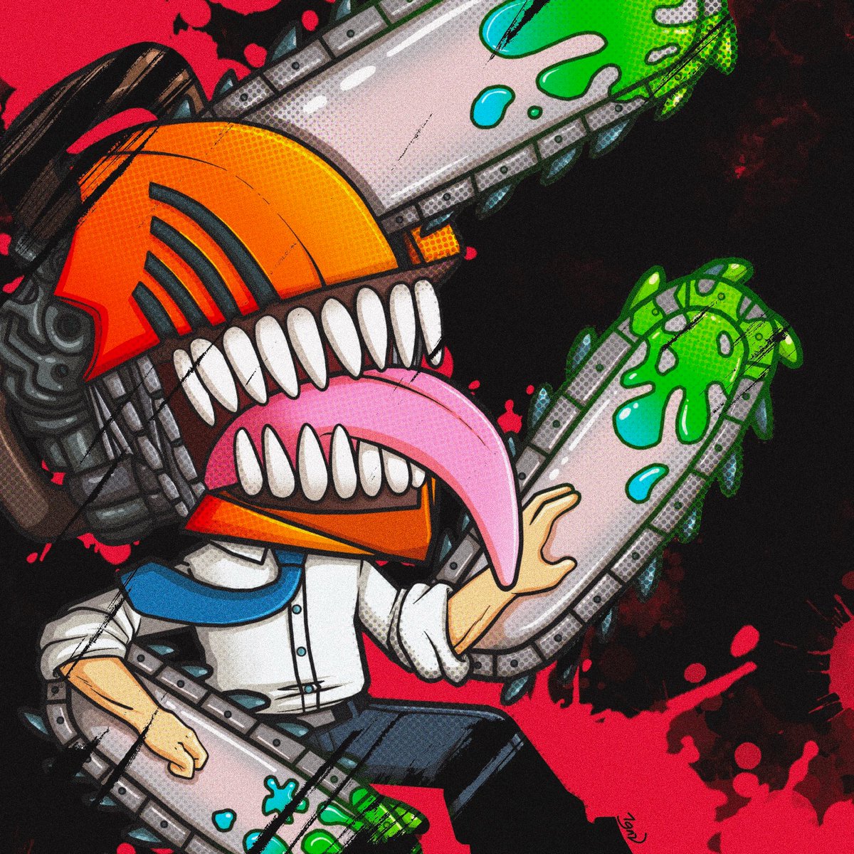 Igniheart's tweet image. MORE CHAINSAW MAN with spoopy monster guts and slime. The green slime was the most fun to do! #chainsawman #chainsawmanfanart #denji