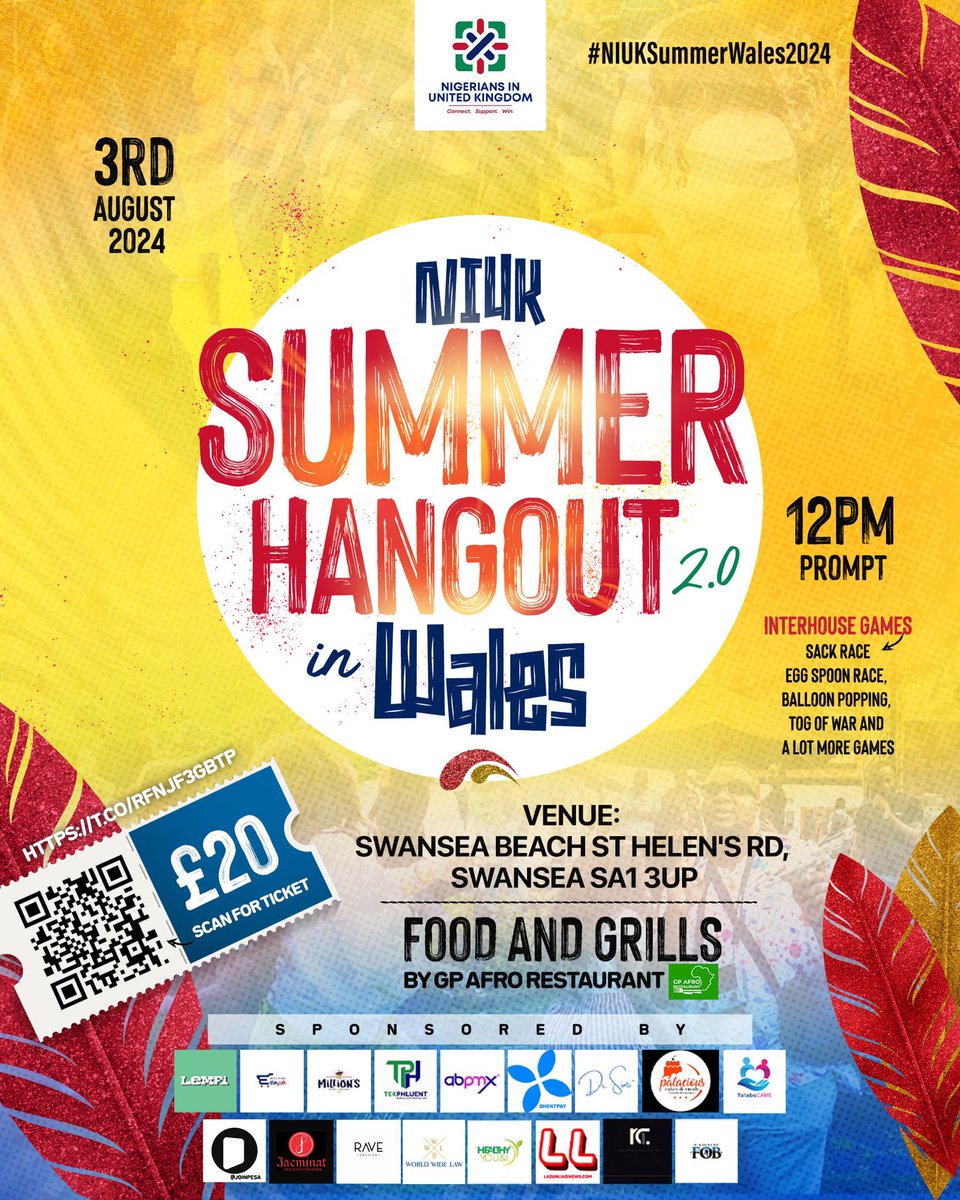 Get ready for an unforgettable experience! 🎉🇳🇬

Join us at the NIUK Summer Hangout 2.0 in Wales
Date: August 3rd, 2024
Time: 3 PM. 

Enjoy food and grills by GP Afro Restaurant at Swansea Beach, St Helen's Rd, Swansea SA1 3UP.

#NIUK #SummerHangout #Wales #NigeriansInUK