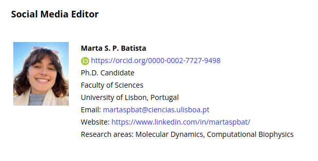Marta Batista, MSc (@batista_msp) on Twitter photo Very happy to announce my collaboration as Social Media Editor for the <a href="/WSJCBC/">Journal of Computational Biophysics & Chemistry</a>! 🤳🏻
worldscientific.com/page/jcbc/edit…
Excited to apply and enhance my science communication skills while helping to expand the journal's outreach! 🚀
#SocialMedia #ScienceCommunication Very happy to announce my collaboration as Social Media Editor for the <a href="/WSJCBC/">Journal of Computational Biophysics & Chemistry</a>! 🤳🏻
worldscientific.com/page/jcbc/edit…
Excited to apply and enhance my science communication skills while helping to expand the journal's outreach! 🚀
#SocialMedia #ScienceCommunication