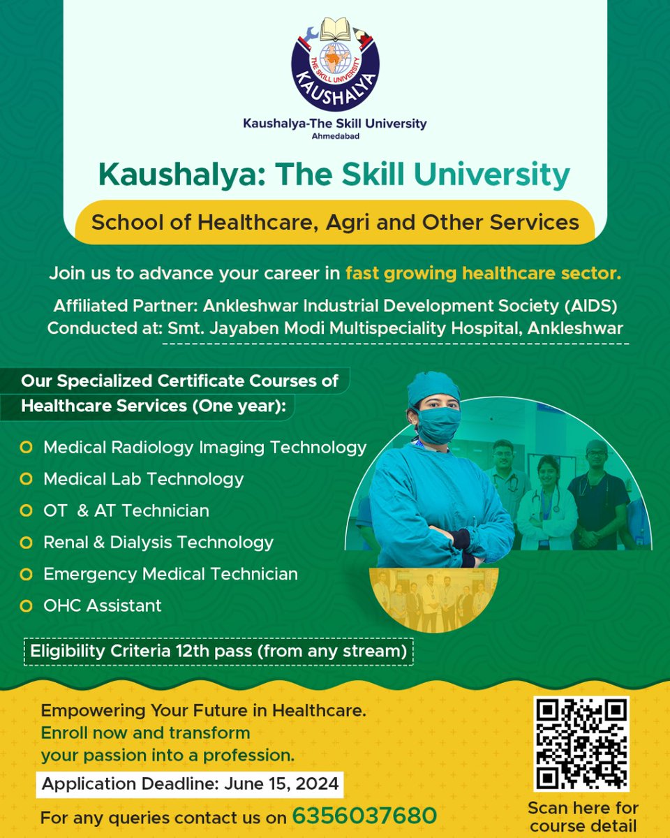 KSUGOG's tweet image. Join Kaushalya: The Skill University and become a healthcare professional with our various specialized certificate courses.
✨ Empower your future in healthcare. Enroll now and transform your passion into a profession!
#KaushalyaSkillUniversity #HealthcareCareer #labtechnology